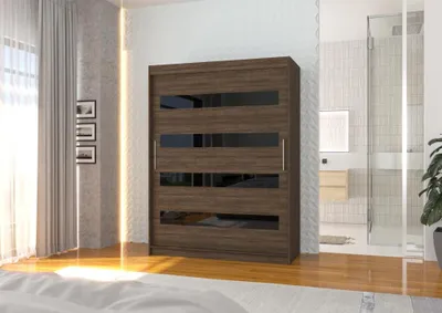 Obrázek produktu pro Šatní skříň s posuvnými dveřmi 150 cm DAKTIS - tmavě hnědá / černá