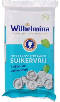 Produktbild von Wilhelmina Pepermunt Suikervrij 111g – Zuckerfreie Pfefferminzbonbons für frischen Atem