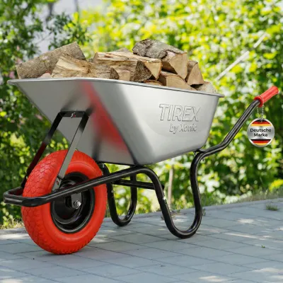 Produktbild von TIREX by xonic® Schubkarre mit Stahlfelge – Verzinkte Wanne bis 250kg/ 100l  PolyurethanPU Rot Silber
