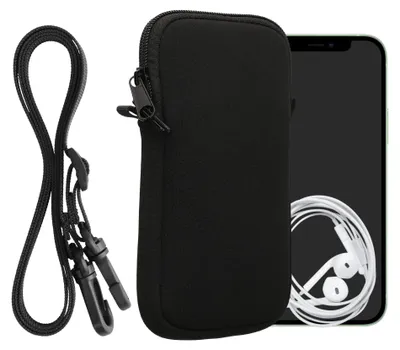 Produktbild von kwmobile Handytasche für Smartphones XXL - 7" - Neopren Handy Hülle Schwarz mit Kordel - Handy Tasche mit Handykette 17,7 x 8,5 cm Innenmaße