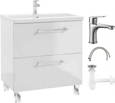 A white bathroom vanity with a sink and faucet, along with plumbing accessories, displayed against a white background.
