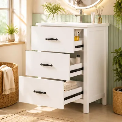 Produktbild von Flieks freistehendes Waschbecken mit drei Schubladen, geräuschlose Auszugsschienen, einteiliges Keramikbecken, Waschtisch, Standschrank, Weiß