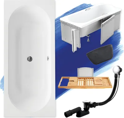 Produktbild von Badewanne Rechteck Set 6in1 170x75 mit Premium Ablaufgarnitur und Füßen GRATIS + Styroporverkleidung + Bambus Holzablage + Kopfstütze in Schwarz | BADLAND VITAE