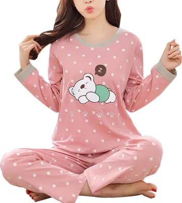 Produktbild von Lässige Frauen Cartoon Animal Print O Neck Top lange Hosen Pyjamas Nachtwäsche Set||Rosa||XXL