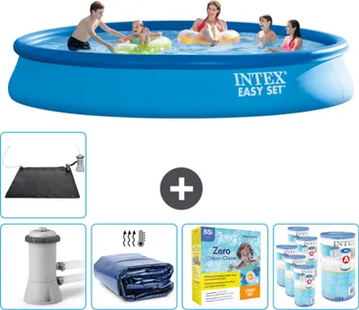 Produktbild von Intex runder aufblasbarer Easy Set-Schwimmpool – 457 x 84 cm – Blau – inklusive Pumpe Sonnensegel - Wartungspaket - Filter - Solarmatte