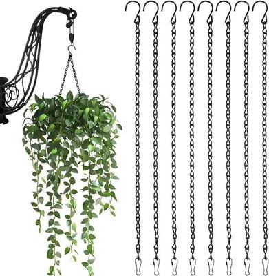 Obrázek produktu pro Černé kovové řetězy, balení po 8 kusech, délka 50 cm, s háčkovými sponami, na ptačí budky, zvonkohry, květináče, lucerny, dekorace