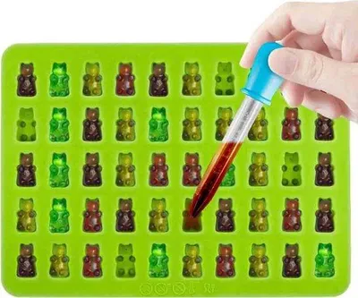 Produktbild von Silikonformen für Gummibärchen, Gelee und Schokolade, blau, rot, grün, 3 Stück, 50 Löcher.