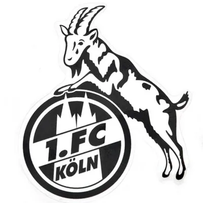 A black and white sticker of a goat jumping over the logo of 1. FC Köln.