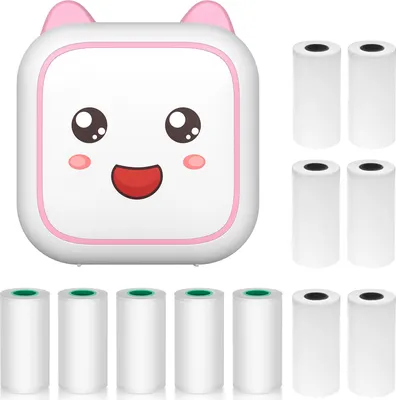 Zdjęcie produktu dla Mini drukarka termiczna, wielofunkcyjna mini drukarka, przenośna, drukarka do natychmiastowego drukowania zdjęć,  Bluetooth do smartfonów, z 6 rolkami papieru 57 mm + 5 rolkami papieru samoprzylepnego, kompatybilna z systemami iOS i Android, kolor różowy