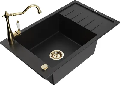 Produktbild von Mexen Elias 1 Becken-Granitspüle mit Abtropffläche und Mischbatterie Carla, Schwarz - 6511-77-670700-50