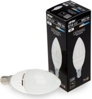 A product shot of an LED light bulb and its packaging.
