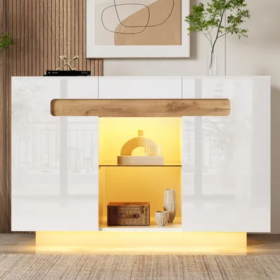 Produktbild von Merax Sideboard mit LED Beleuchtung, Kommode mit Schublade und Glasregale, Modernes High Gloss Design, Anrichte für Wohnzimmer Küche Flur, Weiß+Natur