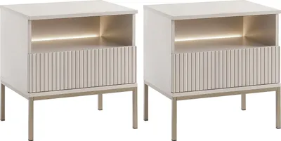 Produktbild von 2er-Set Nachttische mit 1 Schublade & 1 Ablagefach - Mit LED-Beleuchtung - MDF & Rauchglas - Beige - OVILA