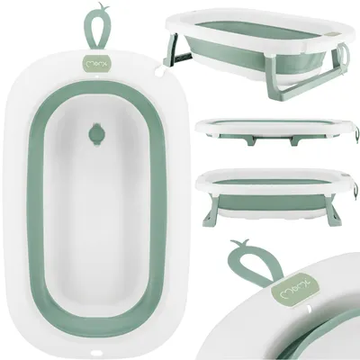 Produktbild von MoMi Babybadewanne, Grün, faltbar, platzsparend, rutschfest, mit Ständer, 25 kg, PP/TPE, 0+, auslaufsicherer Ablaufstöpsel, Halterung zum Aufhängen