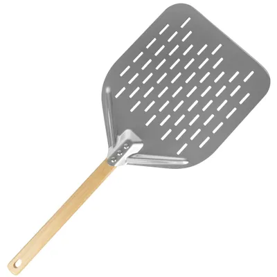 Produktbild von Pizzaschieber aus perforiertem Aluminium, 40 x 30 cm, mit abnehmbarem Holzgriff.