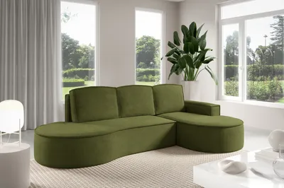 Immagine prodotto di - GUTTO - Divano angolare MOLLY di forma arrotondata in tessuto velour verde - forma arrotondata moderna! Nuovo 2025 (con funzione letto)
