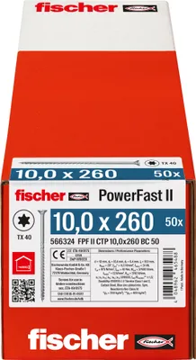 Produktbild von fischer Holzbauschraube PowerFast FPF II STP 8.0 x 400 BC 50 Senkkopf mit Innenstern TX Teilgewinde galvanisch verzinkt blau passiviert, 50 Stück