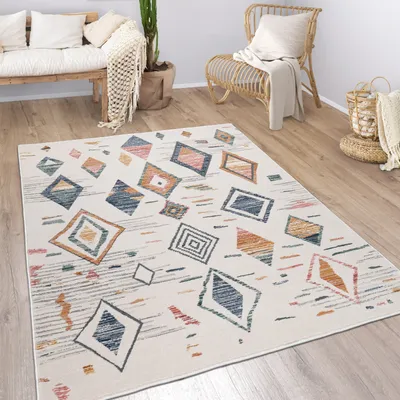 Produktbild von Teppich Wohnzimmer Kurzflor Geometrisches Muster Skandi Boho Modern Style Grösse 80x150 cm