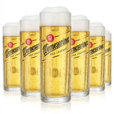 Produktbild von 6x Wernesgrüner Bier Glas 0,3l Krug Streifen-Relief Neues Logo Rastal