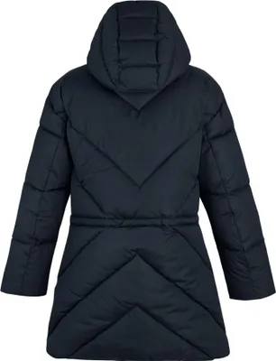Back view of a dark blue puffer jacket.