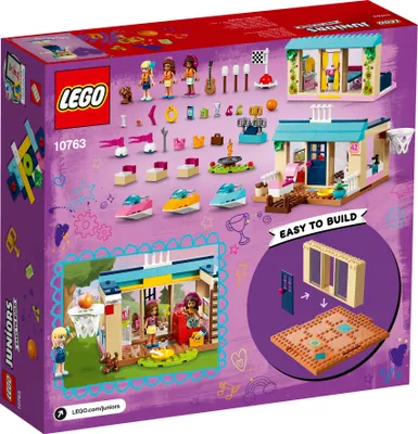 The back of a LEGO Juniors Stephanies Haus am See 10763 box, showing various play scenarios and included accessories.