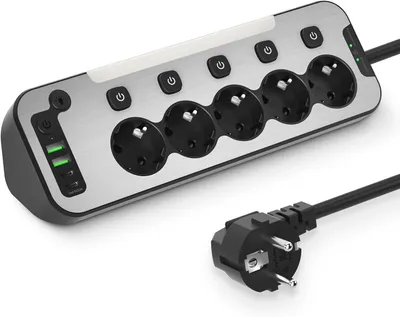 Obrázek produktu pro Zásuvková lišta s vypínačem - Rozdělovač zásuvek - Nabíjení zařízení - 5 zásuvek, 4 USB porty - 2 metry kabelu - Černá barva
