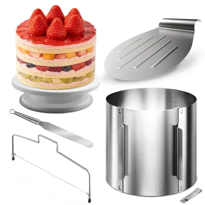 Produktbild von Lindenstein Torten-Zubehör-Set 5 Teile – Backzubehör mit verstellbarem Tortenring 15 cm hoch, Tortenschneider, Tortenheber, drehbarer Tortenplatte und Streichpalette