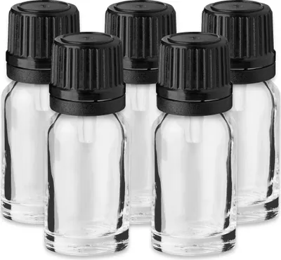 Produktbild von 5x Klare Glasflasche 10 ml mit schwarzem Tropfeinsatz Kosmetikflasche