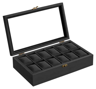 Immagine prodotto di Scatola portaorologi in legno nero con 12 scomparti e coperchio in vetro