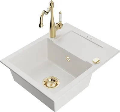 Produktbild von Mexen Enzo 1 Becken-Granitspüle mit Abtropffläche und Mischbatterie Carla, Weiß - 6506-20-670700-50