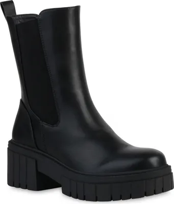 A single black boot with a platform sole is shown against a white background.