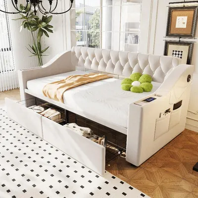Produktbild von Polsterbett 90x190cm mit USB-Ladeanschluss, Samtbezug in Beige, Schlafsofa mit 2 Schubladen, Armlehnen-Stauraum und Rückenlehne