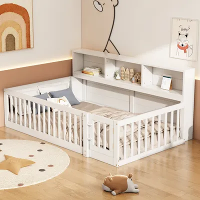 A child's bedroom with a white wooden bed frame, bookshelf, and decorative items.