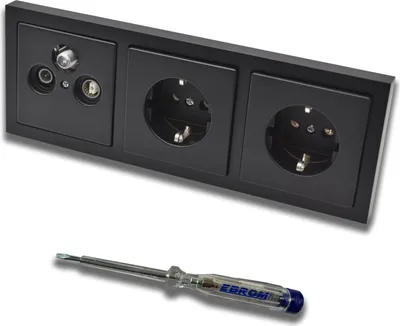 Produktbild von Busch Jäger SET: Unterputz 3Loch Dose 47-2150 MHz, Enddose Stichdose, Radio/TV/SAT-Kompatibilität + Future Linear Schwarz Matt Rahmen + 2x Steckdose 20EUC-84 + EBROM Phasenprüfer zur Montage d. Geräte