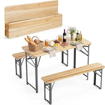 Produktbild von Bierzeltgarnitur klappbar, 3-teilige Biertischgarnitur Holz, 2X Bierbänke 1X Biertisch, Bierbankgarnitur, Festzeltgarnitur, Biergartengarnitur
