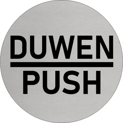 Produktbild von CombiCraft Aluminium Türschild "DUWEN - PUSH", silberfarben, Ø75 mm mit 3M-Klebeband
