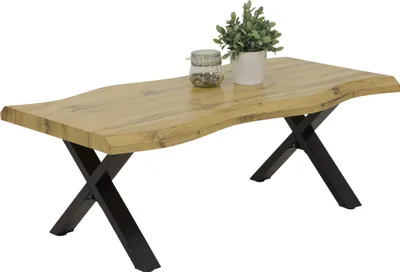 Produktbild von Couchtisch Gerd mit Baumkantenoptik-Nachbildung Wildeiche- Metall X-Gestell-großer Ablage-110x60cm