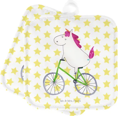 Produktbild von Mr. & Mrs. Panda Topfuntersetzer Einhorn Radfahrer - Weiß - Geschenk, Kochlappen, Konfetti, Topflappen, Unicorn, Ofenlappen, Radfahren, Bike, Set, topfhalter, Einhörner