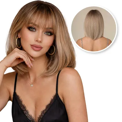 Produktbild von SassyGoods Braune Perücke Braun – Damenperücke mittellang, glattes Haar – Wig – Haarersatz – Waschbar – Dunkelblond – 30 cm
