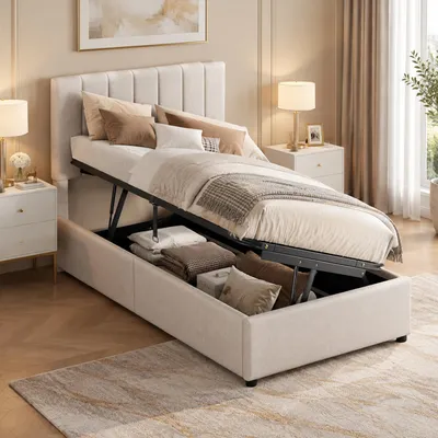 Obrázek produktu pro Postel INONEFT, 90x200 cm, čalouněná, s úložným prostorem pomocí hydraulického mechanismu, jednolůžko s roštem a nastavitelnou opěrkou hlavy, dětská postel, barva: lněná, béžová