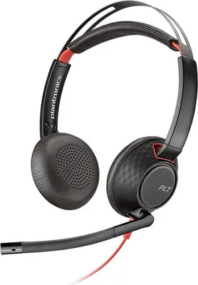 A black and red Plantronics headset with a microphone.