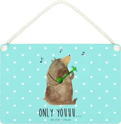 Produktbild von Mr. & Mrs. Panda Schild Bär Gitarre DIN A4 - Blau Pastell - Geschenk, kleine aufmerksamkeit, Holzschild, hängeschild, Wandbild Holz, Teddy, Türschild