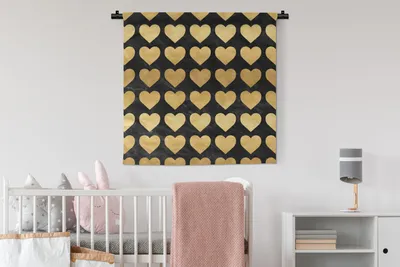 Produktbild von MuchoWow® Wandteppich Wandbehang Muster - Herz - Gold - Schwarz 90x90 cm Tapisserie Dekoration Wandtuch - Wandaufhänger