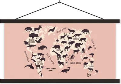 Produktbild von MuchoWow® Textilposter Weltkarte - Tier - Rosa 120x60 cm mit schwarzem Rahmen - Dekoration Schlafzimmer