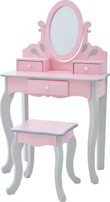 Produktbild von Teamson Kids Princess Rapunzel 2-tlg. Waschtisch-Set aus Holz mit drei Schubladen, drehbarem ovalem Spiegel und passendem Hocker, rosa/grau