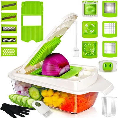 Produktbild von 19 in 1 Multifunktions Gemüsehobel Gemüseschneider, Würfelschneider, Eierschneider, Zwiebel Zerkleiner, Küchenmaschine mit Behälter Grün & Weiß aus Kunststoff und Edelstahl
