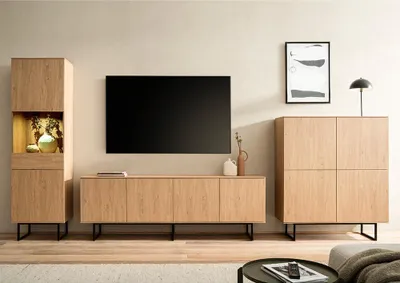 Produktbild von Wohnwand in Eiche mit Lowboard, Highboard & Vitrinenschrank inkl. Beleuchtung, Metallgestelle, 3-teilig - KASOL-61