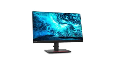 A black Lenovo monitor with a blue and black abstract image displayed on its screen, shown on a white background.