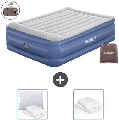 Immagine prodotto di Letto matrimoniale - 2 persone - 152 x 203 x 56 cm - Grigio/blu - Con materasso ad aria e pompa - Cuscino e federa inclusi
