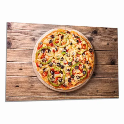 Produktbild von Wallario Herdabdeckplatte aus Glas, Größe 80 x 52 cm 2-teilig, Motiv Italienische Pizza mit Peperoni, Oliven. Paprika und Käse
